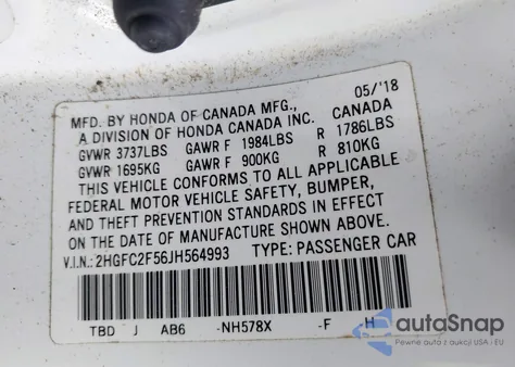 2018 Honda Civic Lx из США, поврежденный, VIN 2HGFC2F56JH564993